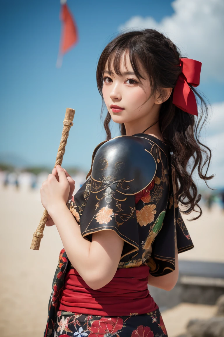 Highest quality, masterpiece, Ultra-high resolution, Strong Woman, Long Curly Hair, Leather Armor, Yukata with floral pattern, Shooter, Exquisite Bow, Mystical Runes, background, Tanabata Festival, extreme detailed, 4K,