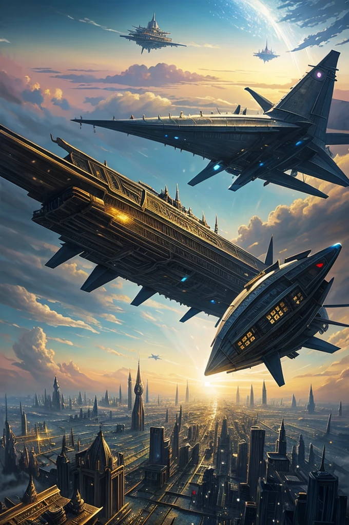 A painting of a fantasy metropolis with magical airships above it in the style of final fantasy
