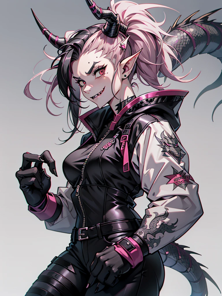 half dragon female with grey skin, with black hair pigtails style, with pink streaks, sharp teeth, biker outfit, dragon tail and dragon horns
