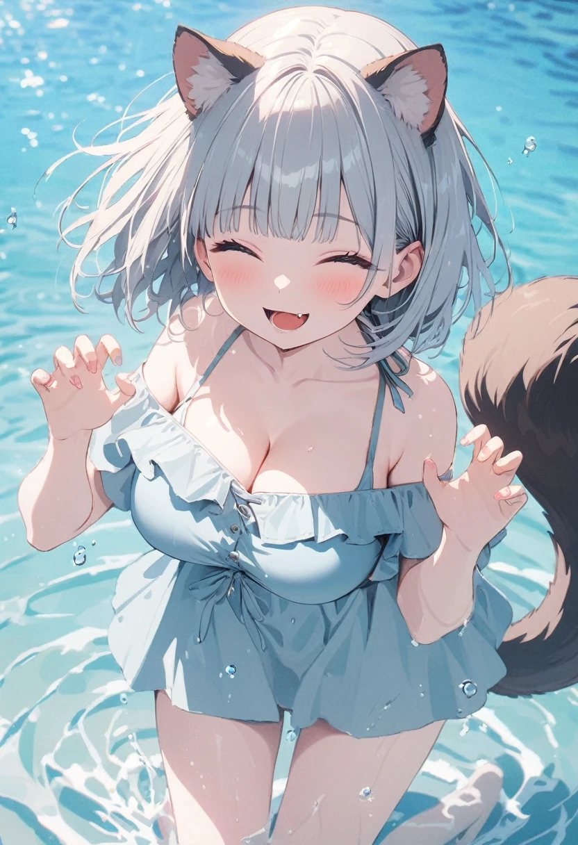 (best quarity,ultra detailed,ultra-high-resolution, absolutely resolution,8k, masterpiece),anime,(pale colors:1.8),long shot, 1girl, solo, cat mouth, hands up, shoulder-deep in water, smile, closed eyes, opened mouth, fang, blue hair, bobcut, straight hair, racoon ears, racoon tail, (brown streaked hair:1.3), (blunt bangs) ,thick eyebrows, big breast, off shoulder bikini,  water splash background, summer, fullbody,