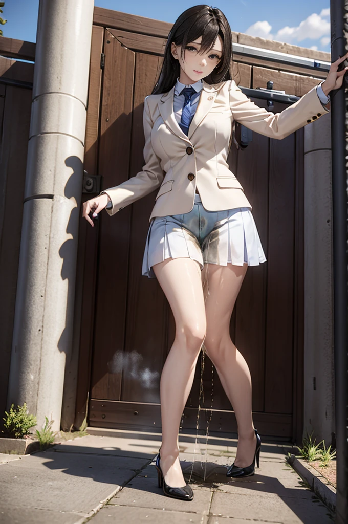 A female teacher pees while taking a group photo with her students、Urinary incontinence、peeing herself、A lot of pee、From below、White Suit、White Mini Skirt、High heels、Perfect figure、Extremely beautiful、In front of the school gate、Standing upright and peeing、Steam rising from the pee、Embarrassed、surrounded by a large number of students