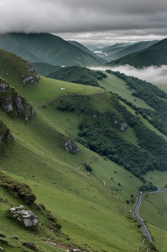 A landscape of green hills dotted with black rocks under a cloudy gray sky. A desolate green plain,In the distance. Steep mountains shrouded in fog. Lonely and melancholic atmosphere, with a cold and wet breeze.