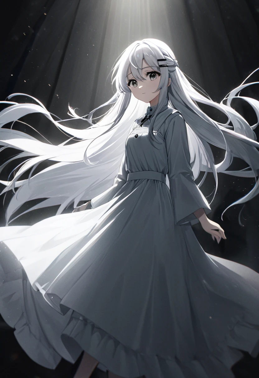 anime girl,masterpiece++, best quality++, ultra-detailed+,extremely detailed++, 4k++, 8k++,(full color)++(white ornament dress)+++,grey eyes+++, beautiful white hair++,long hair++,transparent hair++,cinematic light++,a peasant girl in a white dress, long hair, white hair, beautiful gray eyes,(one long metal hair clip)+++
,detailed clothing, serene expression,cinematic lighting,look at viewer,