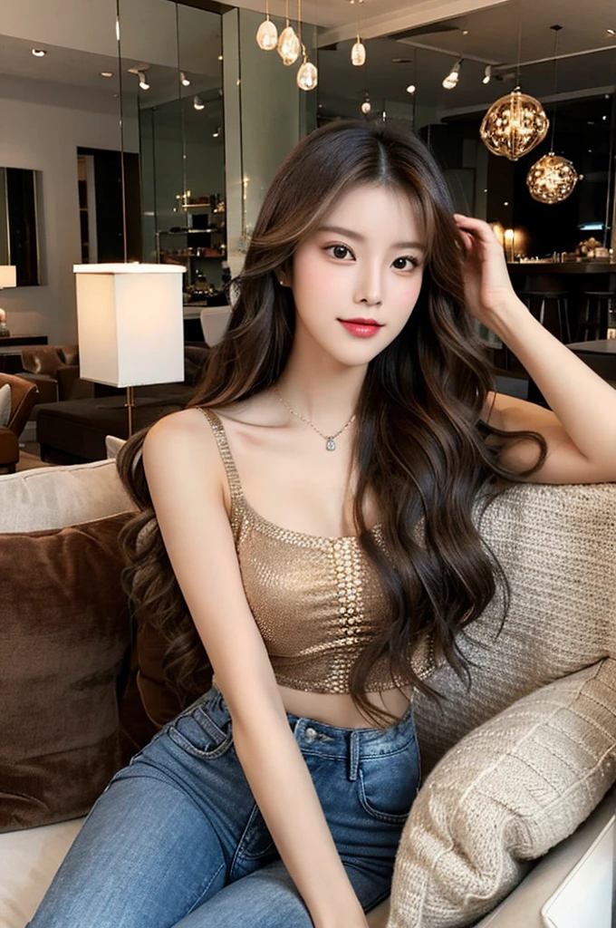 Generate an image of a stunning 20-year-old Asian woman with beauty akin to a goddess of the fire element. She has big brown eyes, dark brown hair, glowing skin, and an attractive appearance. She is wearing a beautiful top paired with blue skinny jeans. The woman is sitting sweetly on a living room sofa, her posture relaxed and inviting, surrounded by cozy and elegant decor.