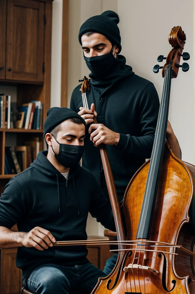 Man with balaclava playing double bass 