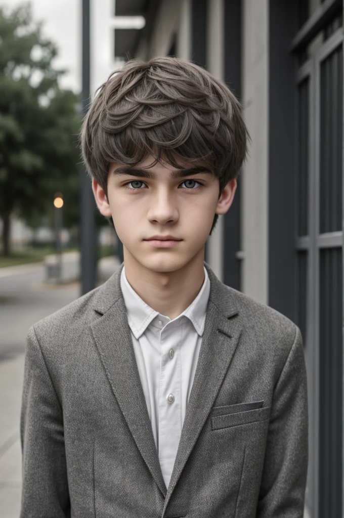 Male teenager with light gray eyes, short messy dull gray hair and pale skin with indifferent expression and black clothes