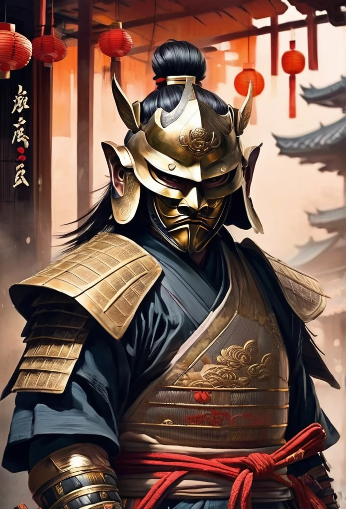A Japanese warrior ronin with magnificent mask in portrait, the atmosphere is heavy and sad. It's very detailed and in the atmosphere of the old quarter of the time