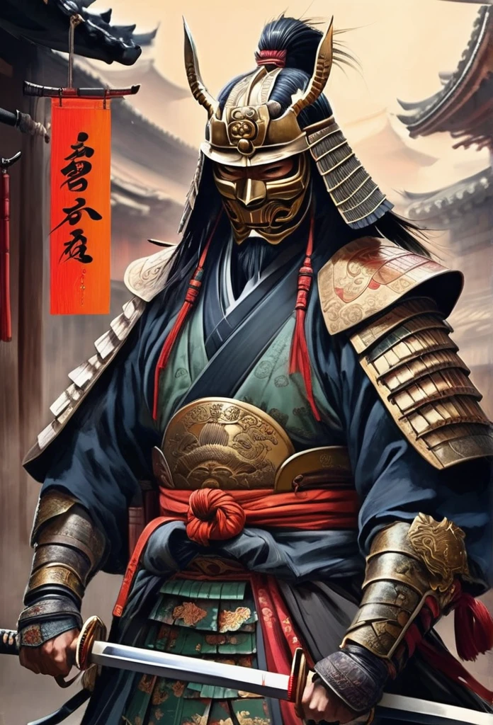 A Japanese warrior ronin with magnificent mask in portrait, the atmosphere is heavy and sad. It's very detailed and in the atmosphere of the old quarter of the time