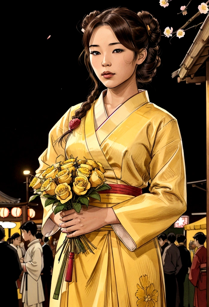 A 18 year old Asian girl wearing traditional Japanese clothing and holding a bouquet of yellow roses in her left hand. Her hair is tied in a wavy bun, her head is decorated with cherry blossoms, and she has brown hair, her eyes are leaf green, and her lips are a slightly dark pink. There was a fireworks display in the background and food stalls selling goods.
