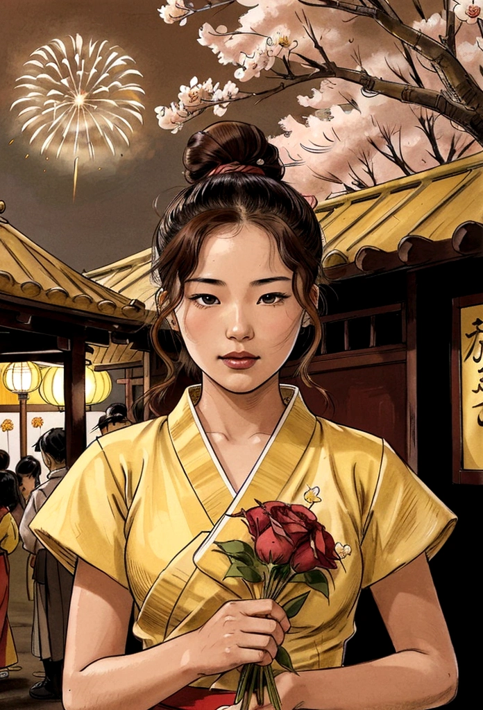 A 18 year old Asian girl wearing traditional Japanese clothing and holding a bouquet of yellow roses in her left hand. Her hair is tied in a wavy bun, her head is decorated with cherry blossoms, and she has brown hair, her eyes are leaf green, and her lips are a slightly dark pink. There was a fireworks display in the background and food stalls selling goods.