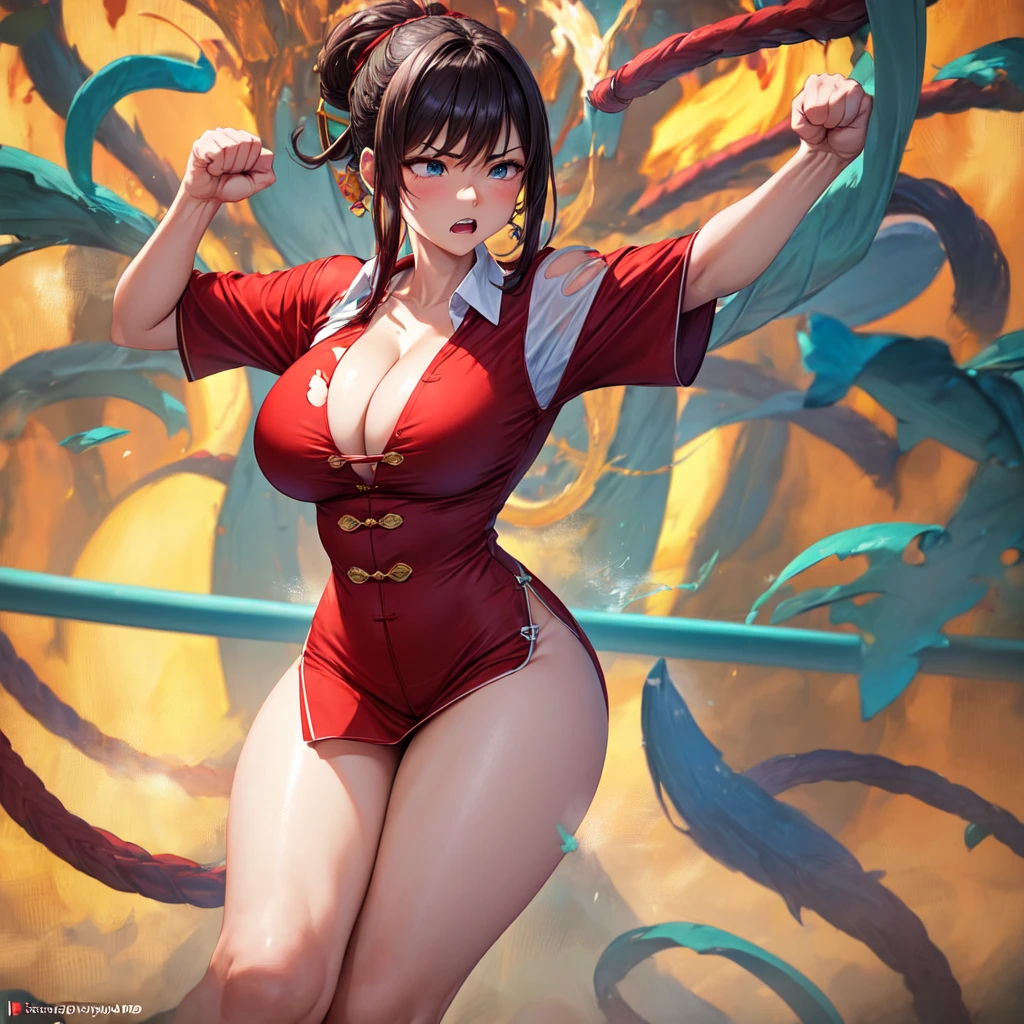 femaleranma, braided ponytail, gorgeous girl standing solo, fight position, ((fist hands)), serious face, baring teeth in anger, ((blank_eyes)), lipstick, large blue-eyes, short red hair, blushing, perfect big , ((old chinese red shirt)), ((super torn shirt open exhibing colossal cleavage)), perfect body, shining skin, ((steam around scene)), perfect legs, thick thighs, masterpiece, best quality, highres, very detailed image, ((plain_backgorund:1.3))