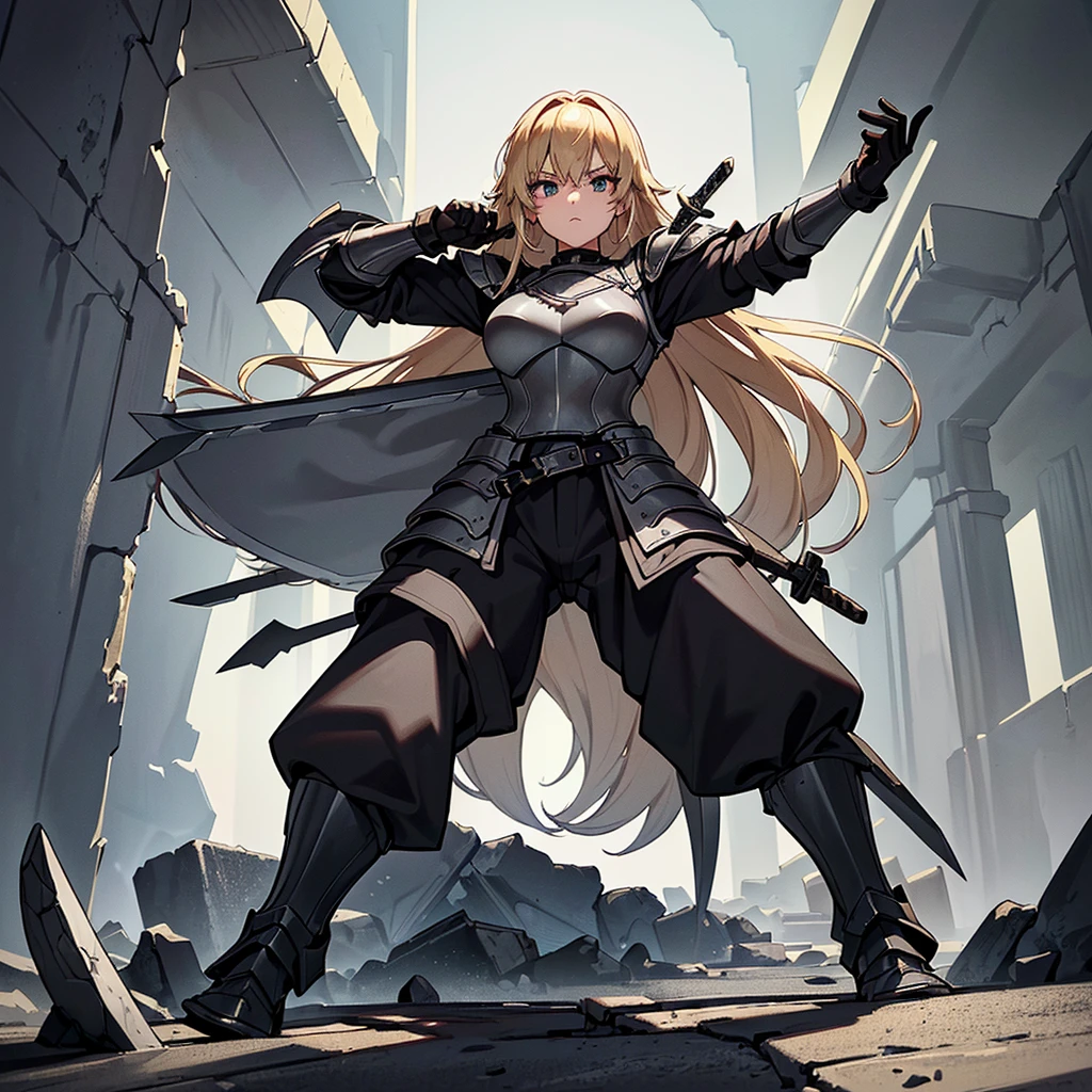 (((Solo)))、Best illustrations、Best Quality、(Full body character concept、detailed)、(((Simple grey armor、Black trousers、Black gloves、woman、18-year-old、Blonde、Long Hair)))、(((Grab the sword、Get Ready)))、(From below)、(Old ruins、Grass)
