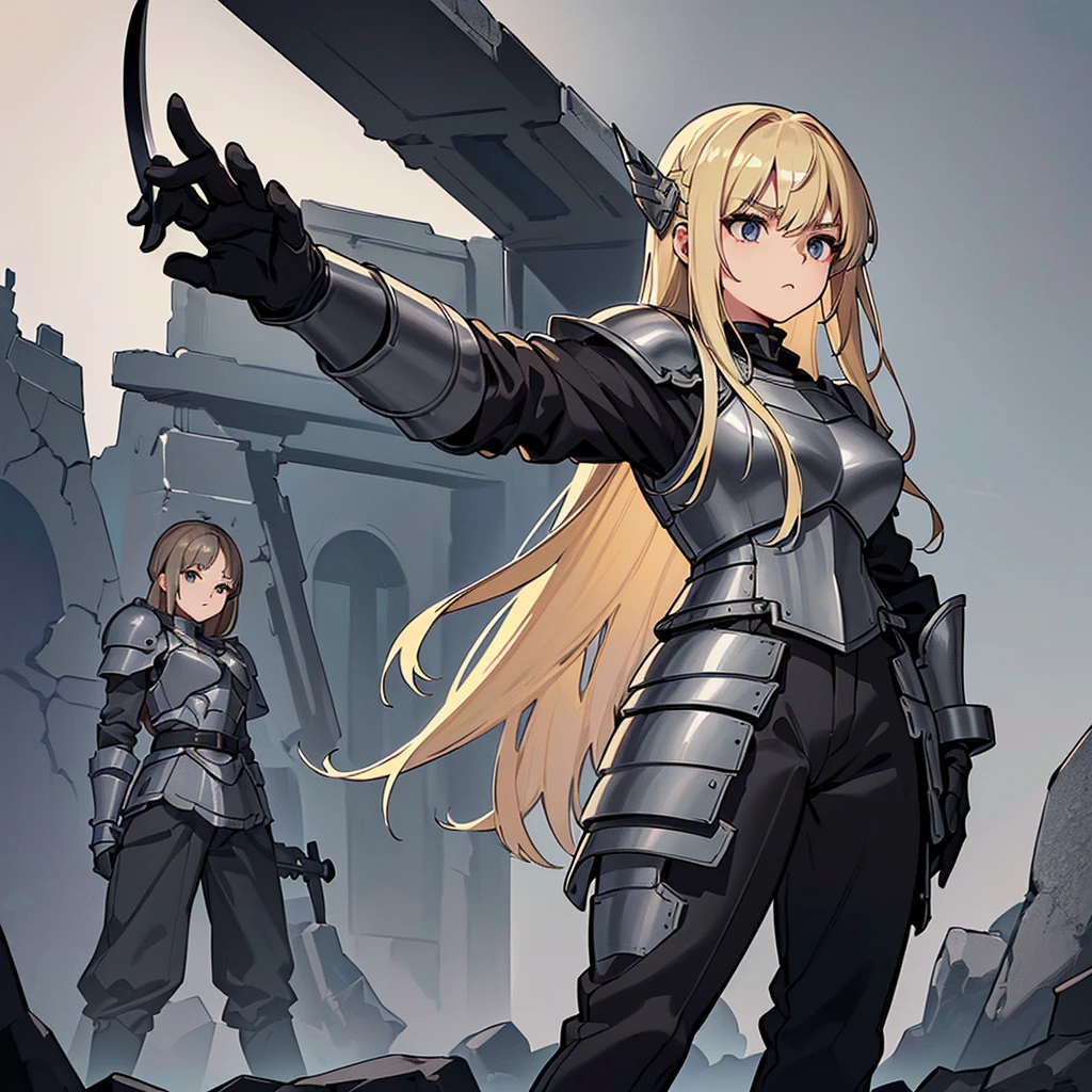 (((Solo)))、Best illustrations、Best Quality、(Full body character concept、detailed)、(((Simple grey armor、Black trousers、Black gloves、woman、18-year-old、Blonde、Long Hair)))、(((Grab the sword、Get Ready)))、(From below)、(Old ruins、Grass)