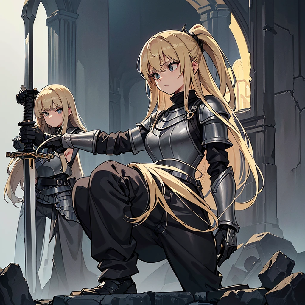 (((Solo)))、Best illustrations、Best Quality、(Full body character concept、detailed)、(((Simple grey armor、Black trousers、Black gloves、woman、18-year-old、Blonde、Long Hair)))、(((Grab the sword、Get Ready)))、(From below)、(Old ruins、Grass)