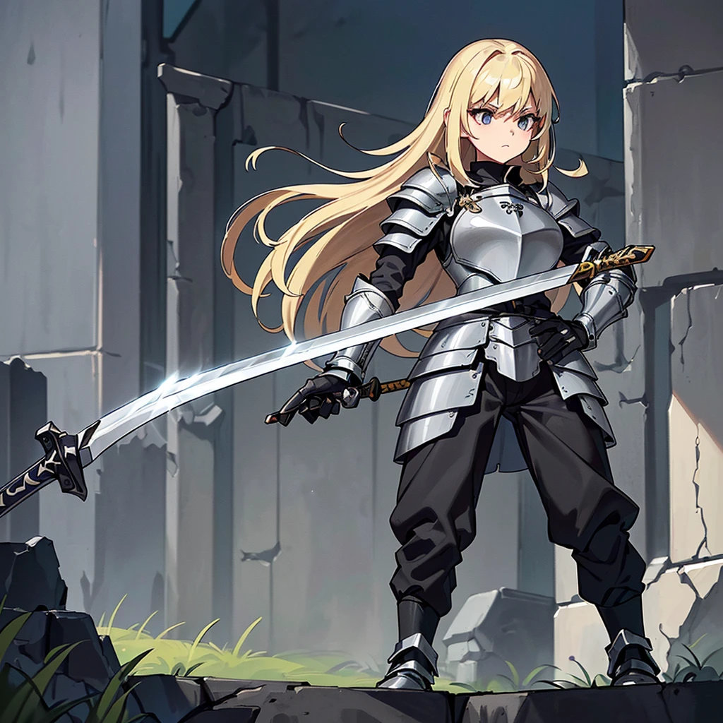 (((Solo)))、Best illustrations、Best Quality、(Full body character concept、detailed)、(((Simple grey armor、Black trousers、Black gloves、woman、18-year-old、Blonde、Long Hair)))、(((Grab the sword、Get Ready)))、(From below)、(Old ruins、Grass)