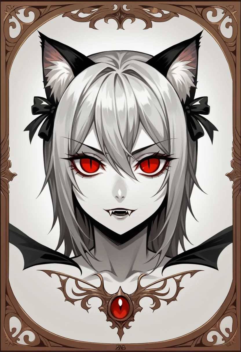 ((Masterpiece: 1.4, Best Quality))+,(Ultra Detail)+, Official Art, Unity 8k Wallpaper, Ultra Detailed, Beautiful, High Quality, Beautiful, Masterpiece, Best Quality, portrait , White Background, silver Straight Hair, Gloomy Eyes, Be, White Theme, fangs ,vampire, red eyes, cat ears