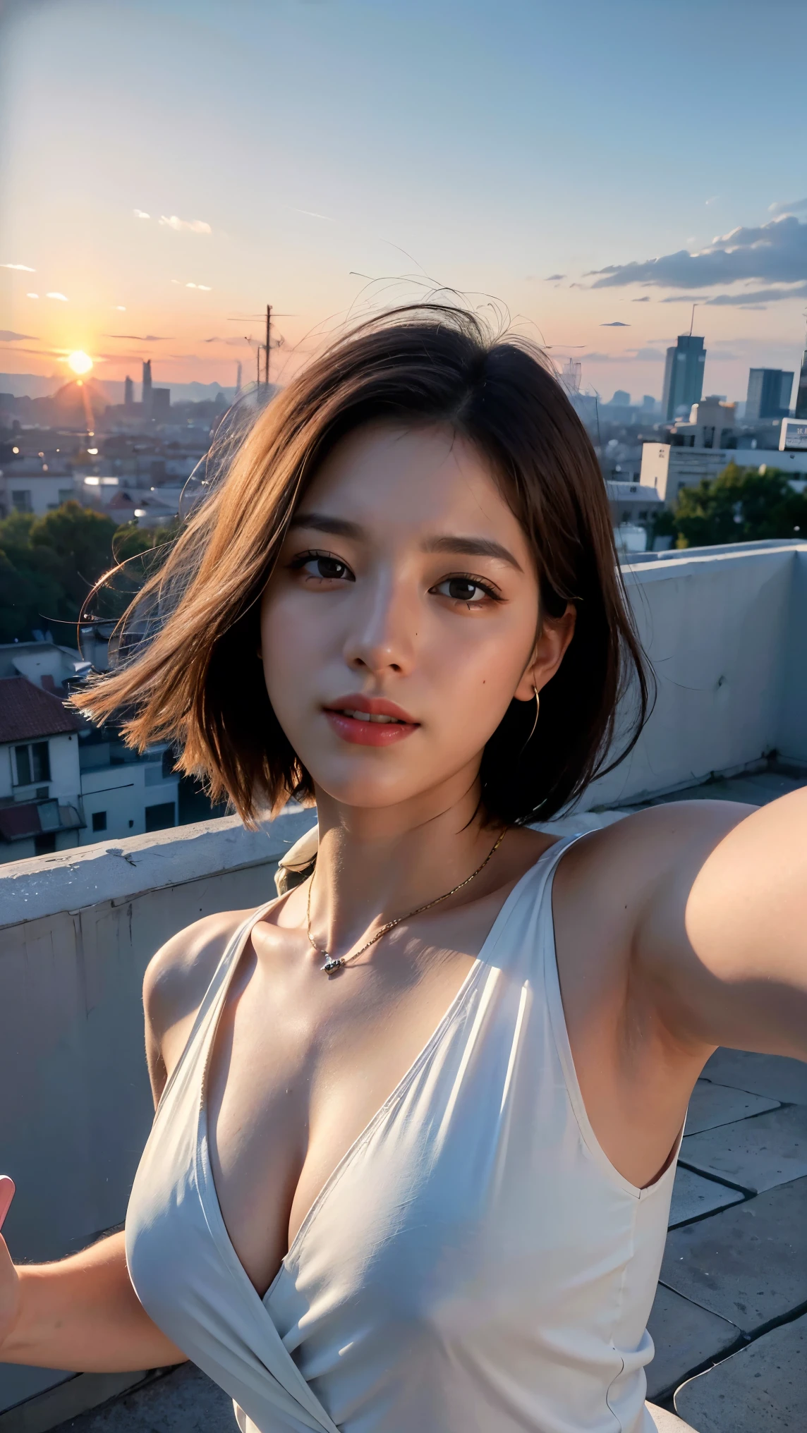 xxmixgirl,One girl, Fisheye Lens, Selfie, Wind, Messy Hair, sunset, Cityscape, (Aesthetics and atmosphere:1.2), Gray Hair,smile, Film Girl, Short top shirt, Chest wide open, 