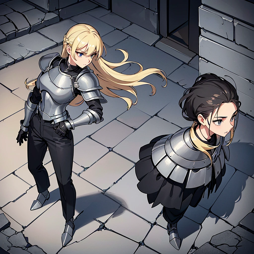 (((Solo)))、Best illustrations、Best Quality、(Full body character concept、detailed)、(((Simple grey armor、Black trousers、Black gloves、woman、18-year-old、Blonde、Long Hair)))、(((Get Ready)))、(From above at an angle)、(Old ruins、Grass)