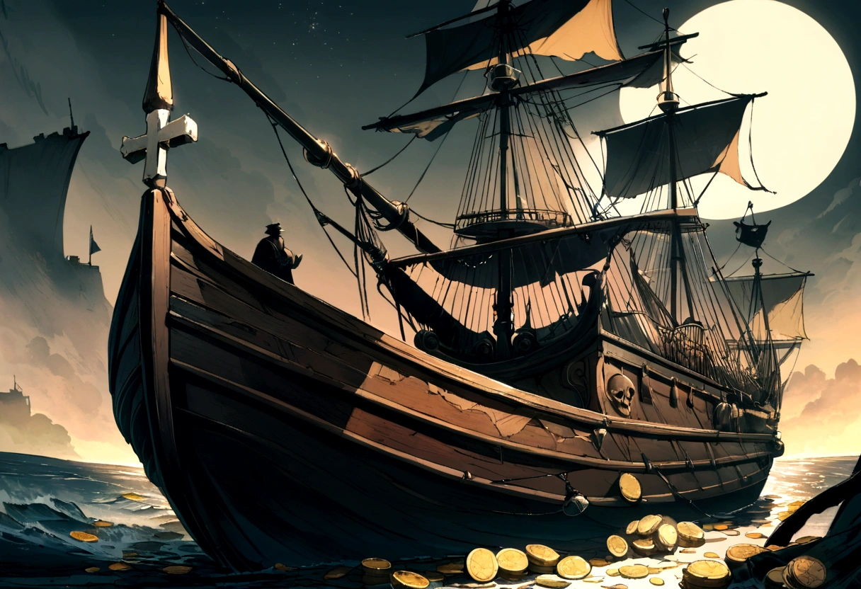 The pirate flag features two spears piercing a bag of money,illustration,painting,Moderate,Detailed flag texture,Dark and mysterious atmosphere,(best quality,4K,high resolution),(Practical:1.37),Detailed pirate theme,Skull and cross bones symbol,Edges weathered、Tattered flag with intricate patterns,Glittering gold coins spilled out of the torn bag,Sparkling chest in the background,Moonlit Night，Dramatic shadows and highlights,Bright colors show the richness of the plunder,Soft diffused lighting creates a dramatic and mysterious atmosphere.Boat，Night