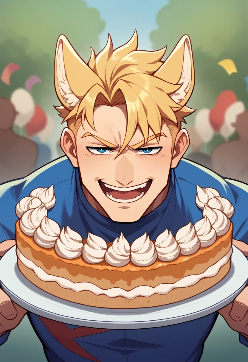 masterpiece，Highest quality，Super detailed，figure，Delicate and detailed，Intricate details，Cinematic Light，Highest qualityのバックライト，1 male, Short fluffy blonde hair, head tilted back, smile, Handsome, Open your mouth, Smug eyes, cool illustration, Street style clothing, birthday,Stuffing cake into one&#39;s mouth
