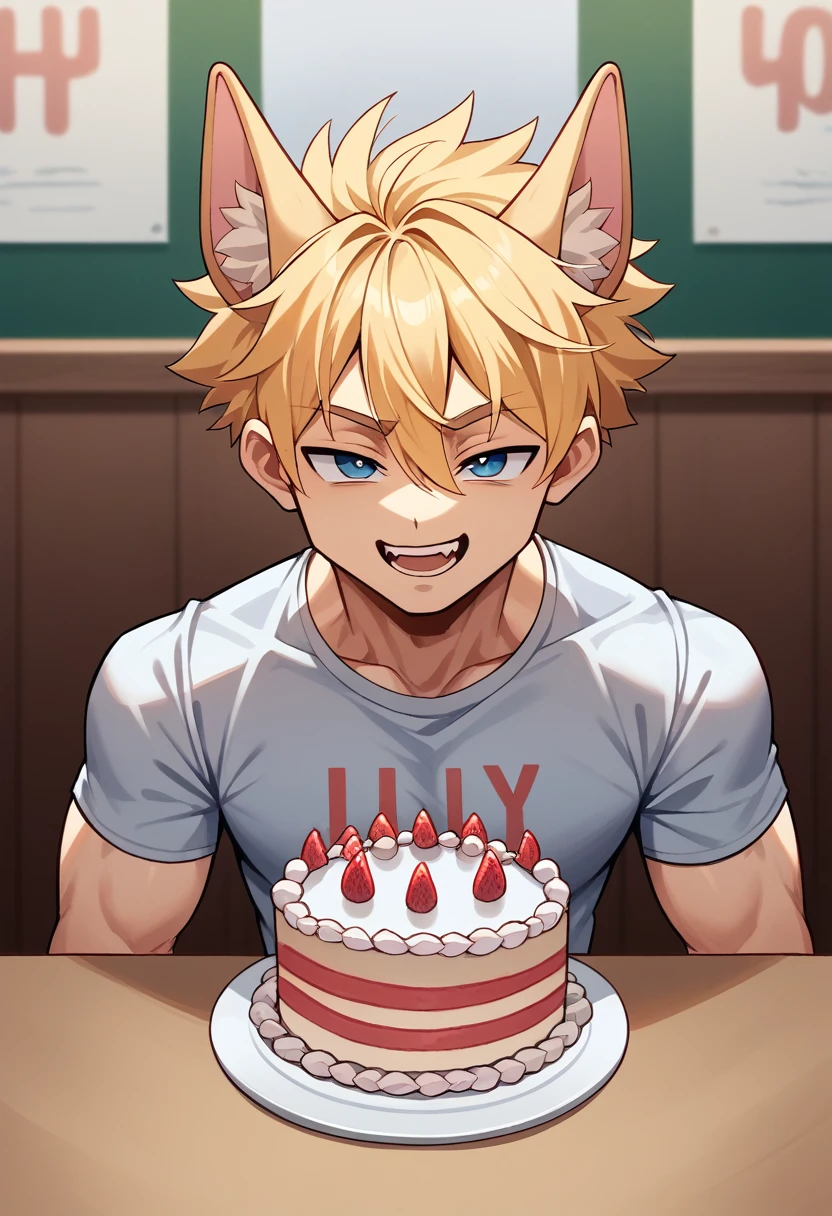 Bakugou naked with massive penis, celebrating birthday party, giving his tongue, big legs, handsome, bodybuilder, red pupils, splashed with thick milk on body, birthday cake