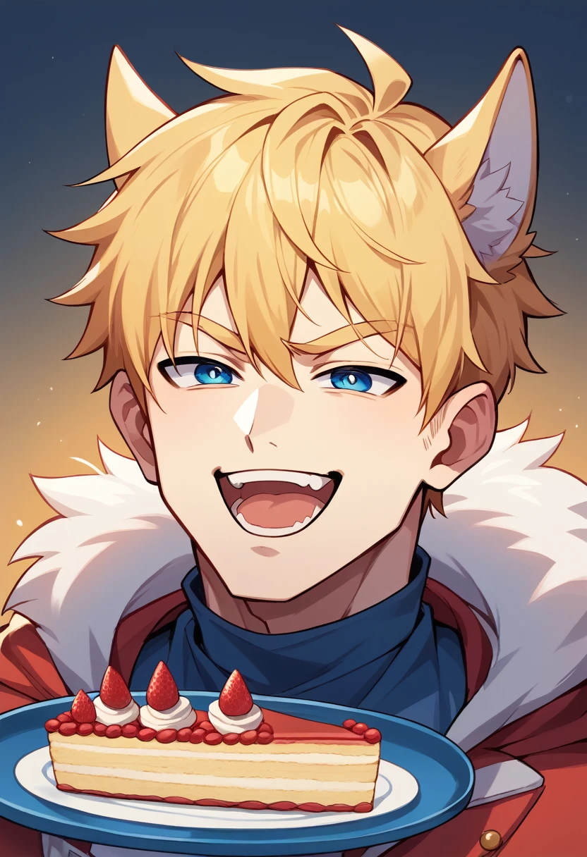 masterpiece，Highest quality，Super detailed，figure，Delicate and detailed，Intricate details，Cinematic Light，Highest qualityのバックライト，1 male, Short fluffy blonde hair, head tilted back, smile, Handsome, Open your mouth, Smug eyes, cool illustration, Street style clothing, birthday,Stuffing cake into one&#39;s mouth
