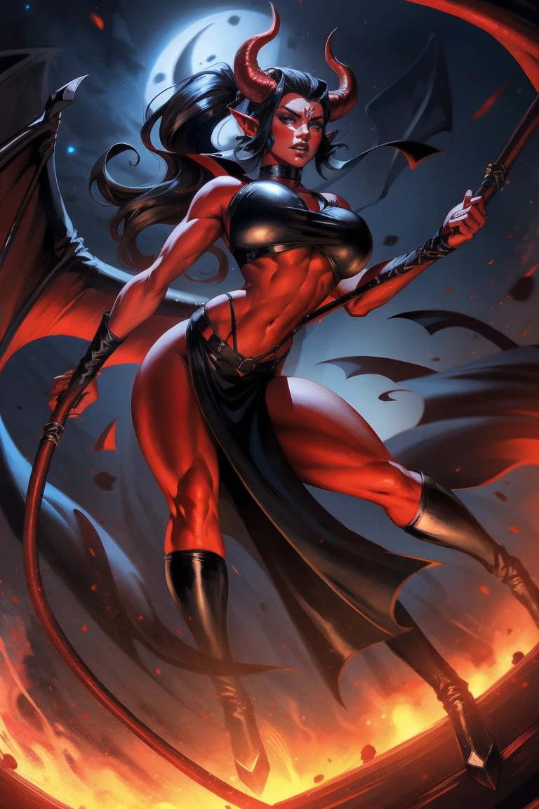 Red skin succubus tiefling, medium breasts, black horns, wings, huge tail, black leather, crop top, long flowing pelvic curtain, tall, toned, graceful, thin, long black ponytail. Action scene, whip. Dark scene, explosions, night sky.