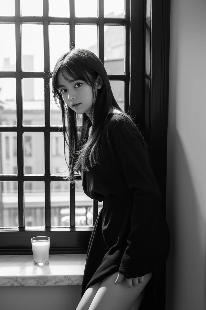 A young girl dressed in black and white poses by the window