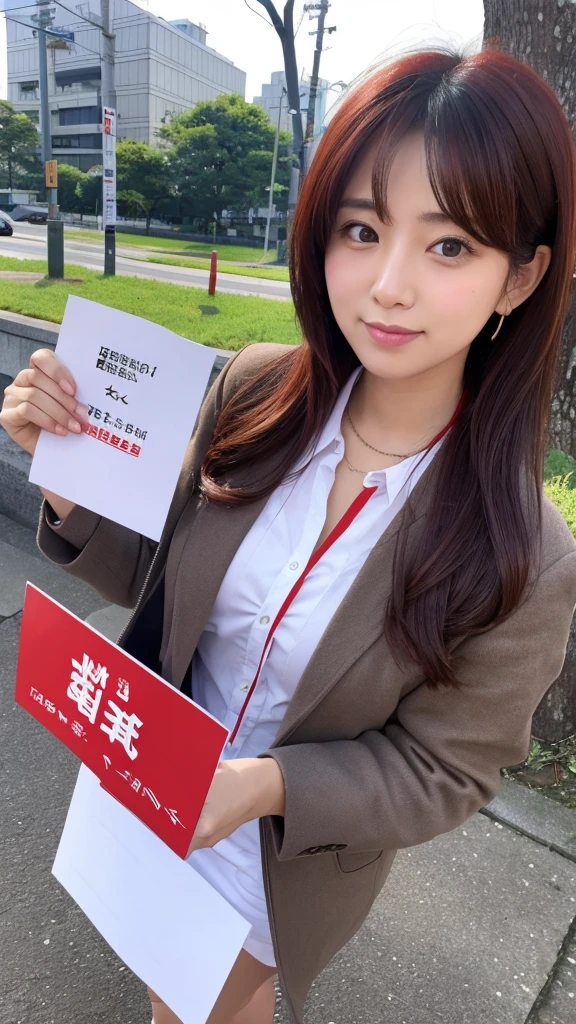 Woman holding placard with her hands up and facing forward, Short denim pants, maikurobikini, huge tit, married woman, Big ass, nsfw, Happy face