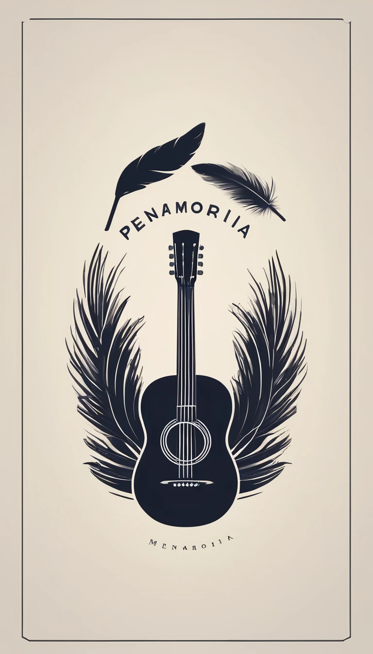 A minimal, modern, simple, cinematic logotype for the brand “Penamemoria". The logotype must be a simple, magical feather and a boy playing acoustic guitar. The logo must convey a sense of music, stories and dreams. Logo design impressed on a book cover. Minimalistic logo