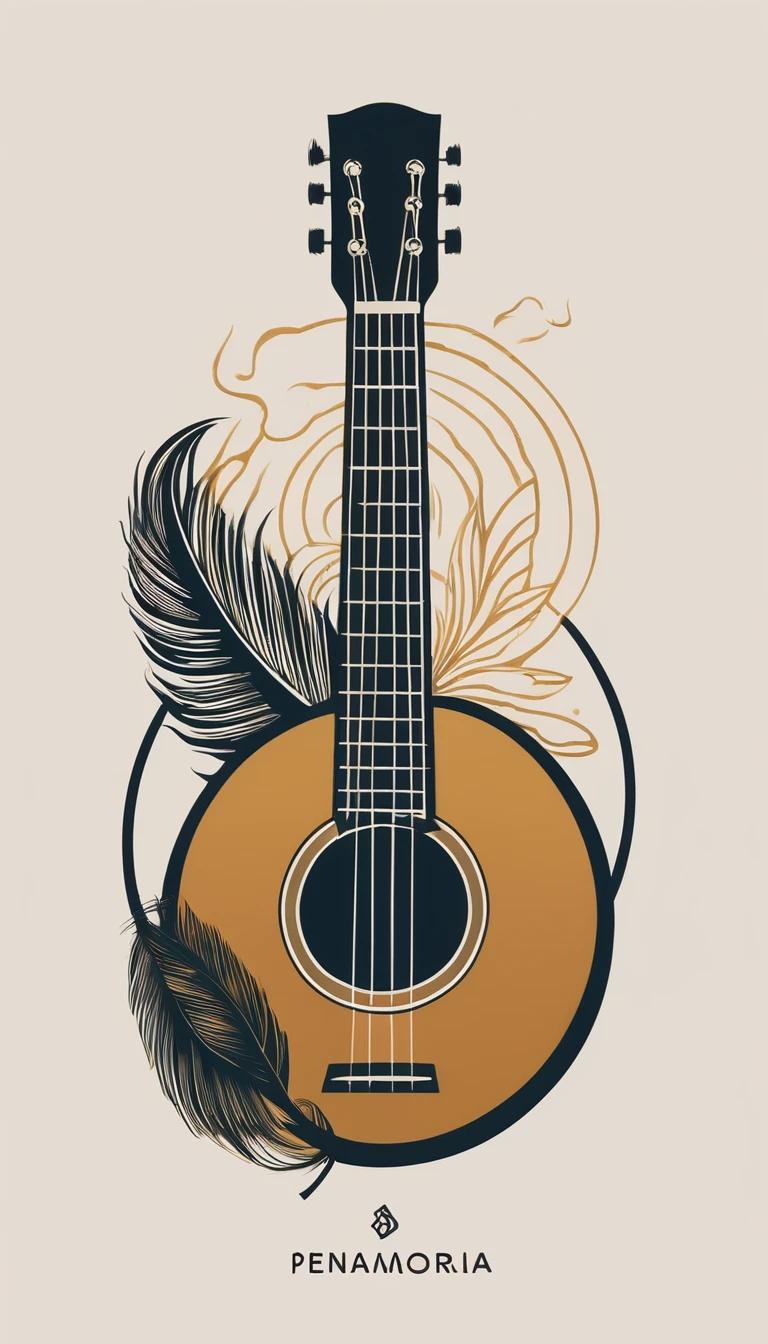 A minimal, modern, simple, cinematic logotype for the brand “Penamemoria". The logotype must be a simple, magical feather and a boy playing acoustic guitar. The logo must convey a sense of music, stories and dreams. Logo design impressed on a book cover. Minimalistic logo