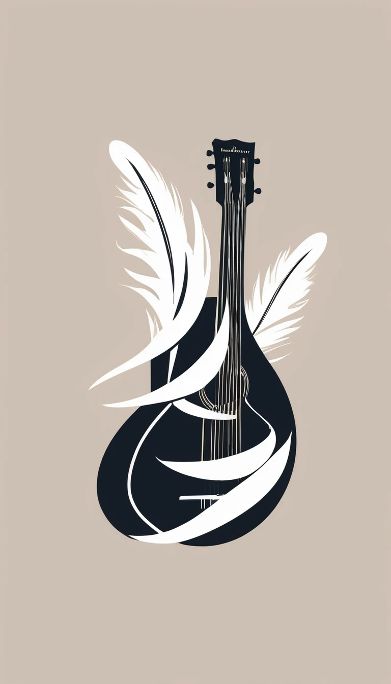 A minimal, modern, simple, cinematic logotype for the brand “Penamemoria". The logotype must be a simple, magical feather and a boy playing acoustic guitar. The logo must convey a sense of music, stories and dreams. Logo design impressed on a book cover. Minimalistic logo