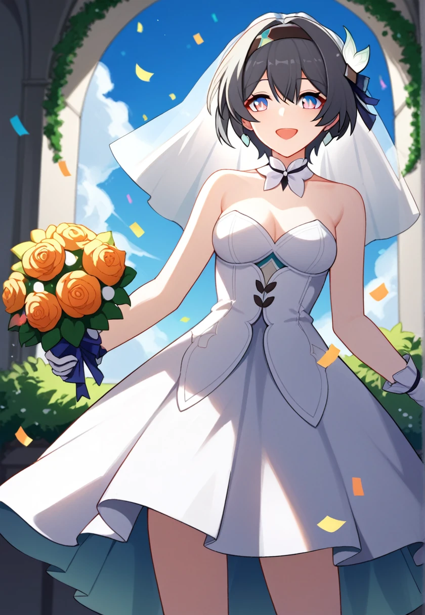 score_9, score_8_superior, score_7_superior, Wedding dress, White gloves, White Dress, garden, Are standing, Cowboy Shot, Holding a bouquet, smile, Open your mouth, Confetti, fire Fly \(Honkai: Star Rail\), firefly \(Starry Sky Railway\),hair ornaments,Black hair band, Larger breasts, Nice hands, Perfect hands,Short Hair,Short Hair、Silver Hair