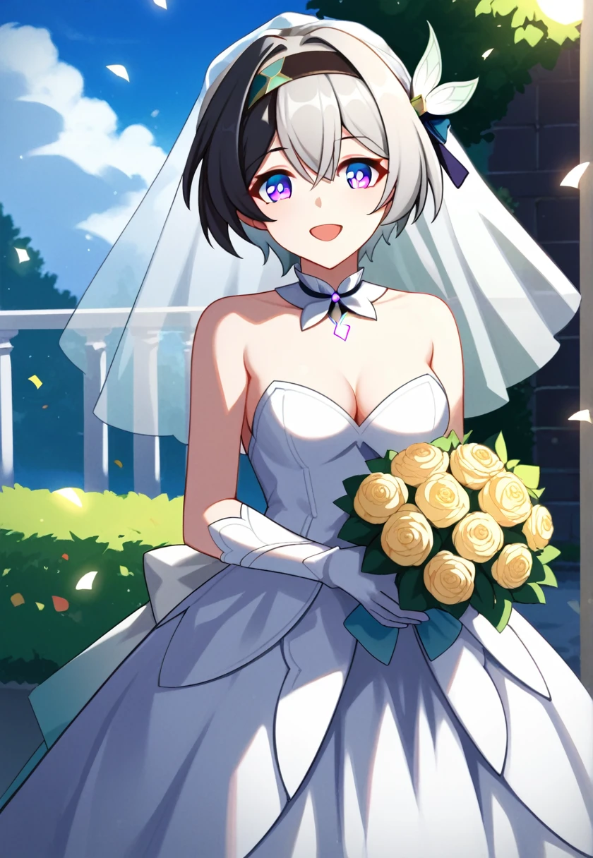 score_9, score_8_superior, score_7_superior, Wedding dress, White gloves, White Dress, garden, Are standing, Cowboy Shot, Holding a bouquet, smile, Open your mouth, Confetti, fire Fly \(Honkai: Star Rail\), hair ornaments,Black hair band, Medium chest, Nice hands, Perfect hands,Short Hair,Short Hair、Silver Hair