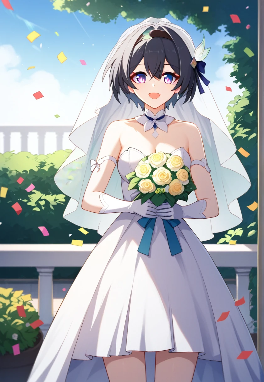 score_9, score_8_superior, score_7_superior, Wedding dress, White gloves, White Dress, garden, Are standing, Cowboy Shot, Holding a bouquet, smile, Open your mouth, Confetti, fire Fly \(Honkai: Star Rail\), hair ornaments,Black hair band, Medium chest, Nice hands, Perfect hands,Short Hair,Short Hair、Silver Hair