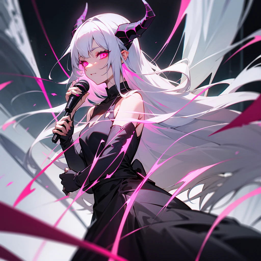 Silver hair, medium length, black dress, demon horns, glowing microphone, pink eyes