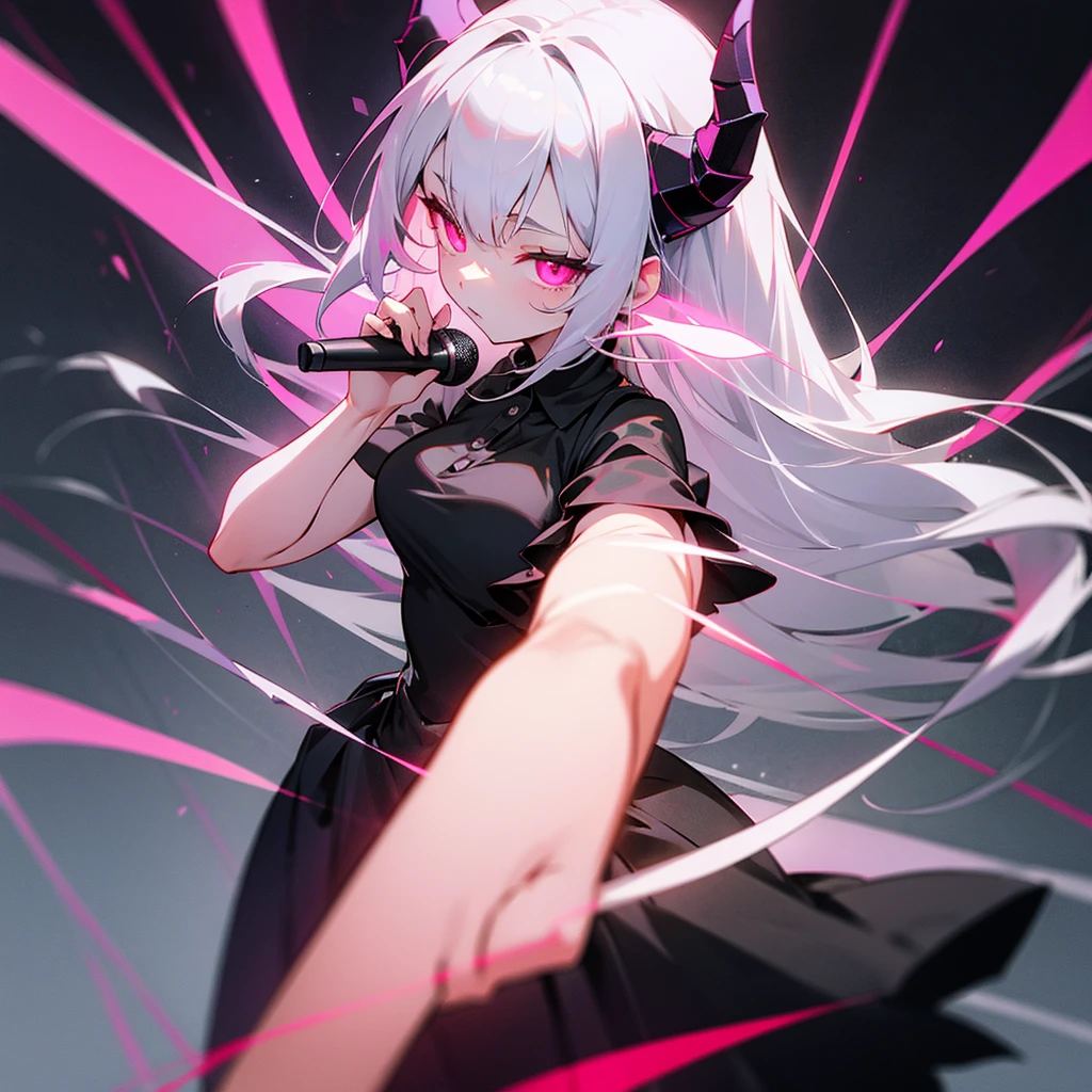 Silver hair, medium length, black dress, demon horns, glowing microphone, pink eyes