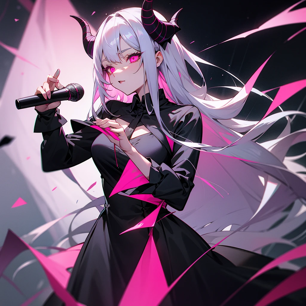 Silver hair, medium length, black dress, demon horns, glowing microphone, pink eyes