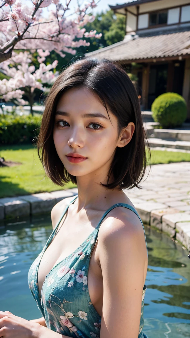 ((Best quality, 8k, Masterpiece, ultra detailed, ultra high res, photorealistic, raw photo, absurdres, absolutely resolution:1.5)), pretty girl, 1girl, slender abs :1.1, Shy Smile:1.8, bob cut, large breasts, In a serene Japanese garden, she finds a moment of peace. Dressed in casual attire, she takes a selfie with a reflective smile, the landscaped beauty of nature—koi ponds, stone lanterns, and cherry blossoms—creating a perfect backdrop. This selfie encapsulates her connection with nature and the tranquility it brings