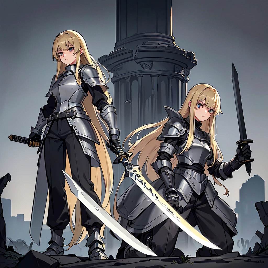 (((Solo)))、Best illustrations、Best Quality、(Full body character concept、detailed)、(((Simple grey armor、Black trousers、Black gloves、woman、18-year-old、Blonde、Long Hair)))、(((Grab the sword、Get Ready)))、(From below)、(Old ruins、Grass)、Kneel