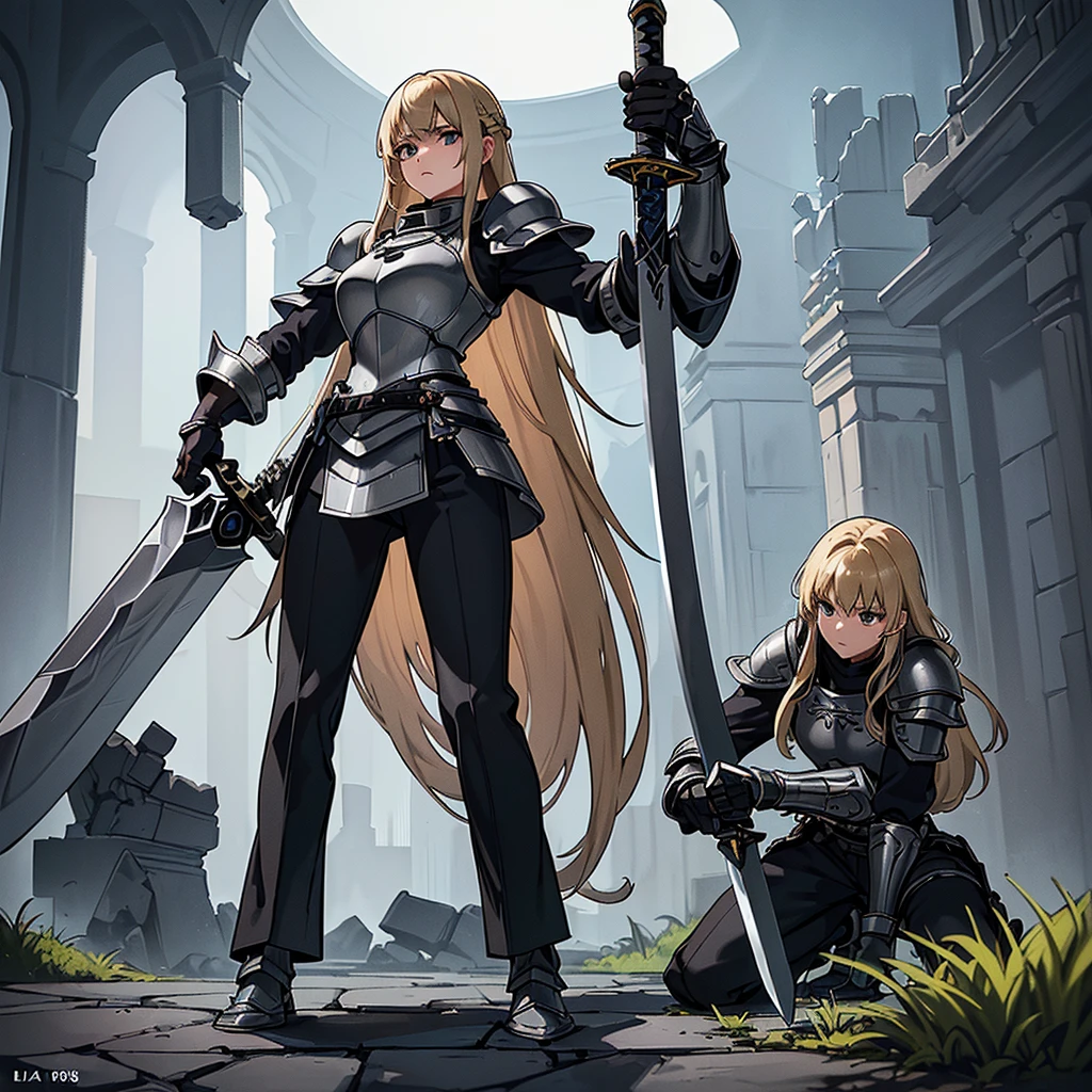 (((Solo)))、Best illustrations、Best Quality、(Full body character concept、detailed)、(((Simple grey armor、Black trousers、Black gloves、woman、18-year-old、Blonde、Long Hair)))、(((Grab the sword、Get Ready)))、(From below)、(Old ruins、Grass)、Kneel
