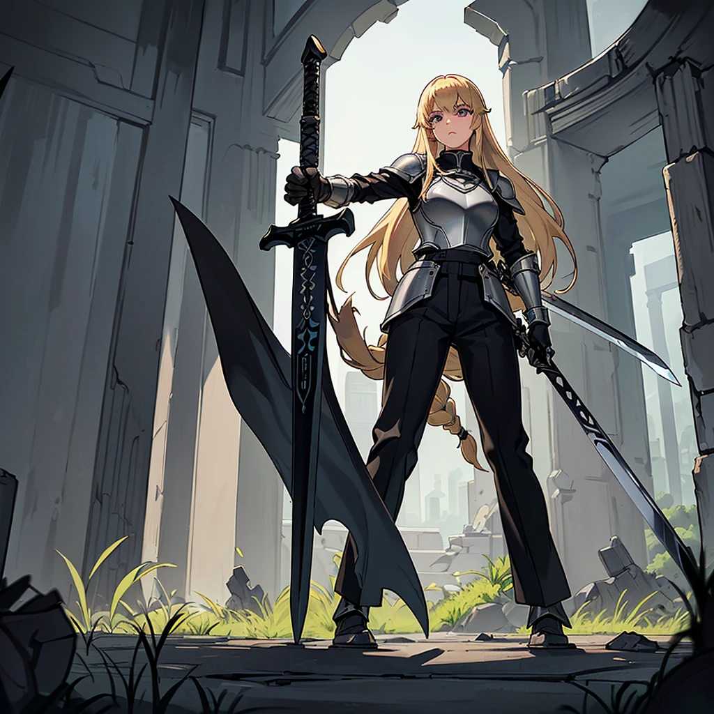 (((Solo)))、Best illustrations、Best Quality、(Full body character concept、detailed)、(((Simple grey armor、Black trousers、Black gloves、woman、18-year-old、Blonde、Long Hair)))、(((Grab the sword、Get Ready)))、(From below)、(Old ruins、Grass)、Kneel