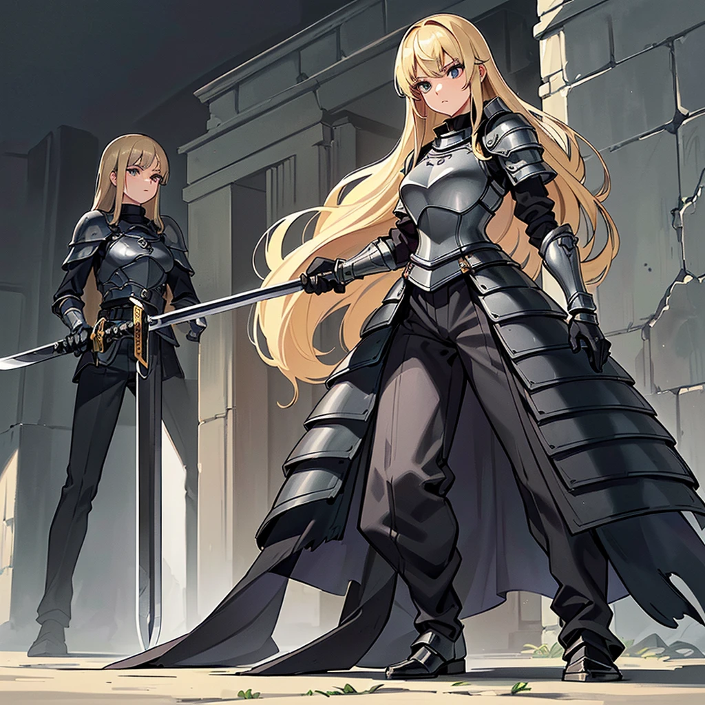 (((Solo)))、Best illustrations、Best Quality、(Full body character concept、detailed)、(((Simple grey armor、Black trousers、Black gloves、woman、18-year-old、Blonde、Long Hair)))、(((Grab the sword、Get Ready)))、(From below)、(Old ruins、Grass)、Kneel