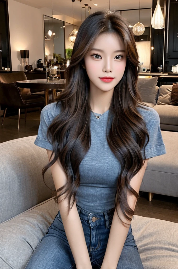 Generate an image of a stunning 20-year-old Asian woman with beauty akin to a goddess of the fire element. She has big brown eyes, dark brown hair, glowing skin, and an attractive appearance. She is wearing a beautiful top paired with blue skinny jeans. The woman is sitting sweetly on a living room sofa, her posture relaxed and inviting, surrounded by cozy and elegant decor.