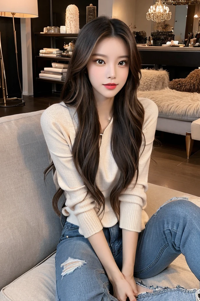 Generate an image of a stunning 20-year-old Asian woman with beauty akin to a goddess of the fire element. She has big brown eyes, dark brown hair, glowing skin, and an attractive appearance. She is wearing a beautiful top paired with blue skinny jeans. The woman is sitting sweetly on a living room sofa, her posture relaxed and inviting, surrounded by cozy and elegant decor.