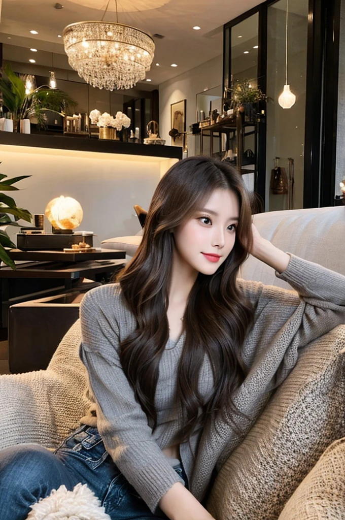 Generate an image of a stunning 20-year-old Asian woman with beauty akin to a goddess of the fire element. She has big brown eyes, dark brown hair, glowing skin, and an attractive appearance. She is wearing a beautiful top paired with blue skinny jeans. The woman is sitting sweetly on a living room sofa, her posture relaxed and inviting, surrounded by cozy and elegant decor.