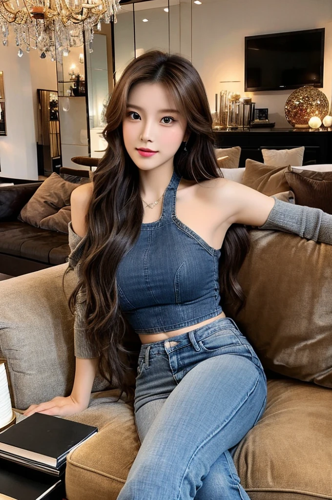 Generate an image of a stunning 20-year-old Asian woman with beauty akin to a goddess of the fire element. She has big brown eyes, dark brown hair, glowing skin, and an attractive appearance. She is wearing a beautiful top paired with blue skinny jeans. The woman is sitting sweetly on a living room sofa, her posture relaxed and inviting, surrounded by cozy and elegant decor.