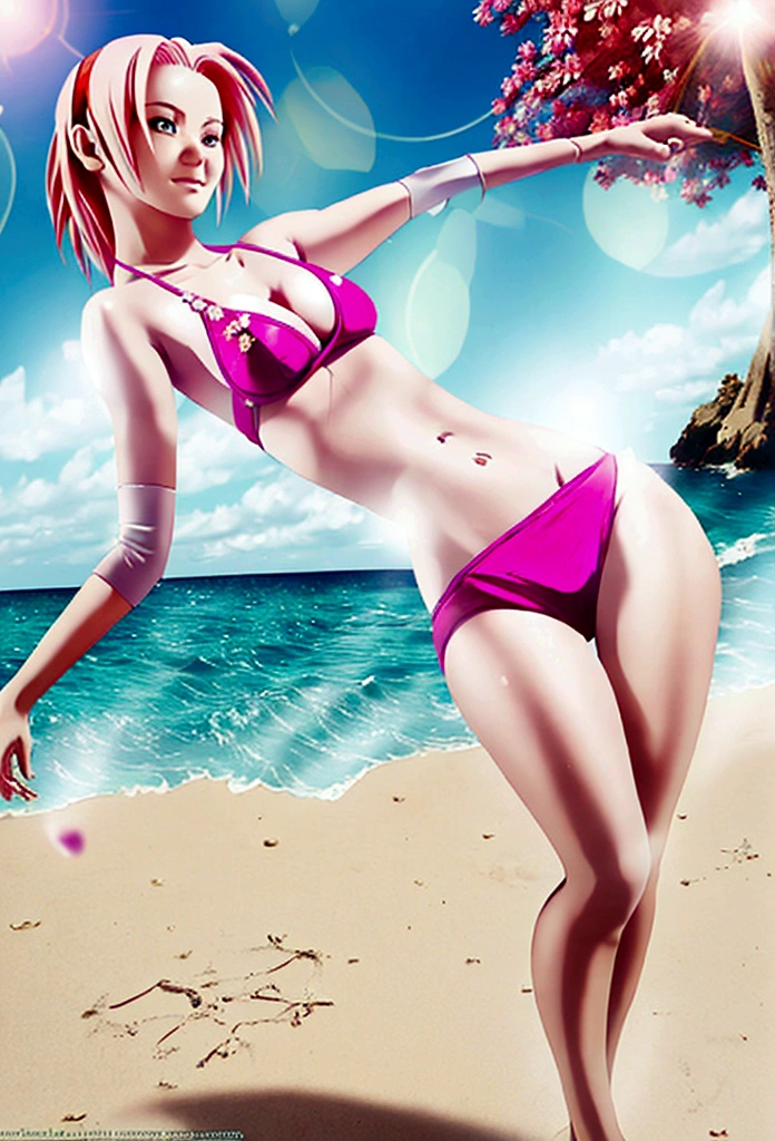 character sakura from naruto, playing on the beach, very big breasts, micro bikini, sunny day, view from below