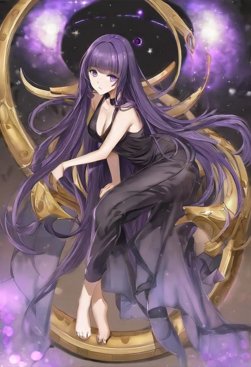 Athena,Extra long purple hair,Purple Eyes,Wearing black silk,Purple jumpsuit,Black one-piece dress,But the jumpsuit is sexy,barefoot,A black hole in the universe,Purple and black black hole please,This time the drawing is better and the proportions of the characters are more normal.,Better posture