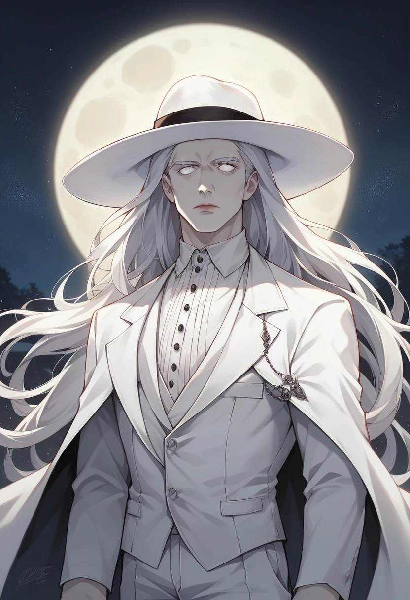 masterpiece, top quality, One focus, (perfect face:1.1), (high detail:1.1),Dramatic, 1 guy, (pale skin), long voluminous braided white hair, white eyes, One, long hair, moon, night, white luxury suit, White Fedora Hat, coated navel, Plump lips, coated, Jazz Club, detailed background, Art by Artgerm and Greg Rutkowski, Gothic Renaissance, Cinematic lighting,